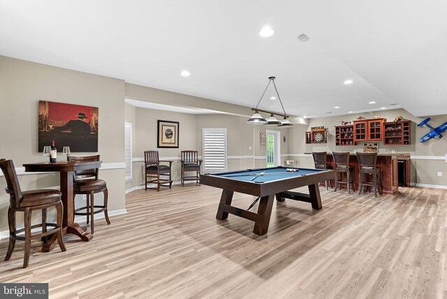 7633 Great Dover St, Gainesville, VA 20155 - game room with a dry bar, billiards, light wood-type flooring, and recessed lighting
