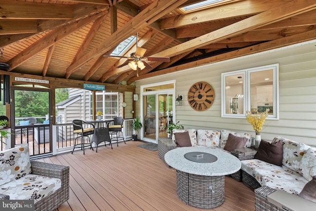 7633 Great Dover St, Gainesville, VA 20155 - wooden terrace featuring a ceiling fan, outdoor dining space, and an outdoor hangout area