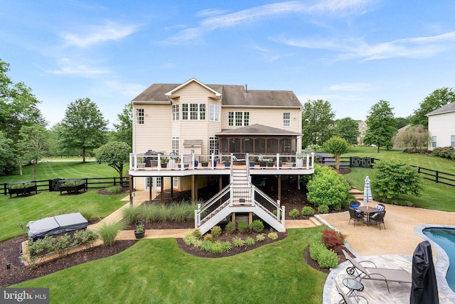 7633 Great Dover St, Gainesville, VA 20155 - back of house with stairs, a deck, a fenced backyard, a sunroom, and outdoor dining space