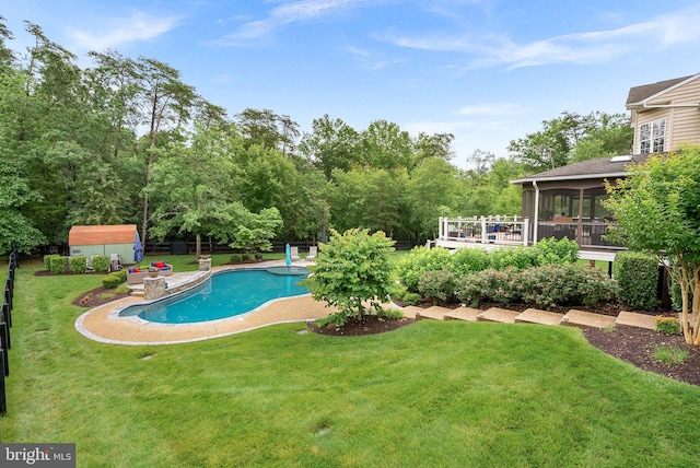 7633 Great Dover St, Gainesville, VA 20155 - outdoor pool with a storage unit, a lawn, a sunroom, and a deck