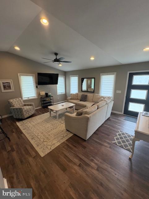 303 Ellendale Cir, Salisbury, MD 21804 - living room featuring lofted ceiling, dark wood-style floors, a ceiling fan, and recessed lighting
