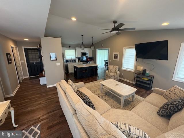 303 Ellendale Cir, Salisbury, MD 21804 - living room with a ceiling fan, lofted ceiling, dark wood finished floors, and recessed lighting