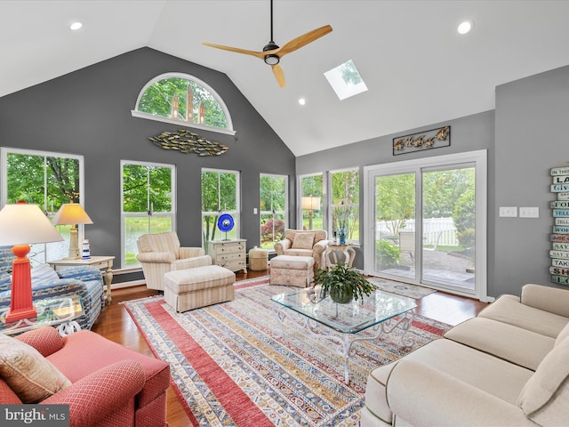 34897 Seagrass Plantation Ln, Dagsboro, DE 19939 - living room with a skylight, high vaulted ceiling, wood finished floors, a ceiling fan, and recessed lighting