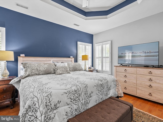 34897 Seagrass Plantation Ln, Dagsboro, DE 19939 - bedroom with wood finished floors, a tray ceiling, and a ceiling fan