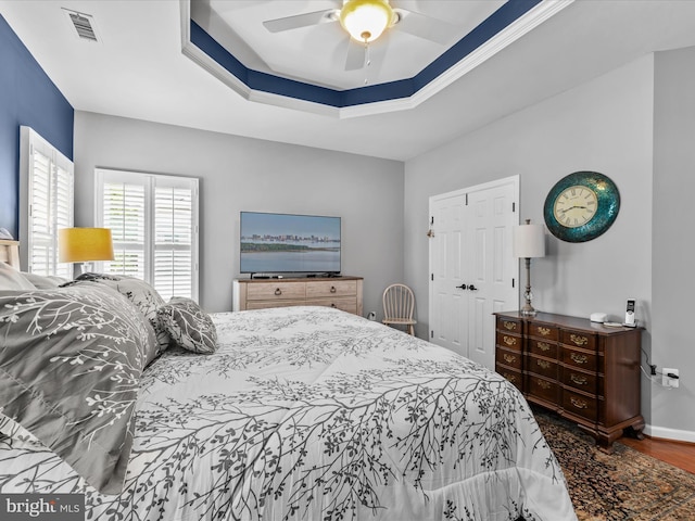 34897 Seagrass Plantation Ln, Dagsboro, DE 19939 - bedroom with a tray ceiling, wood finished floors, a closet, and a ceiling fan
