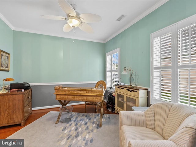 34897 Seagrass Plantation Ln, Dagsboro, DE 19939 - office with wood finished floors, crown molding, ceiling fan, and baseboards