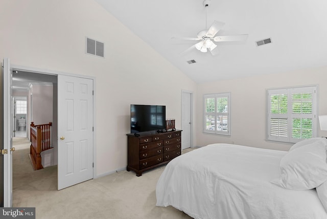 20783 Laplume Pl, Ashburn, VA 20147 - bedroom with light carpet, high vaulted ceiling, baseboards, and ceiling fan