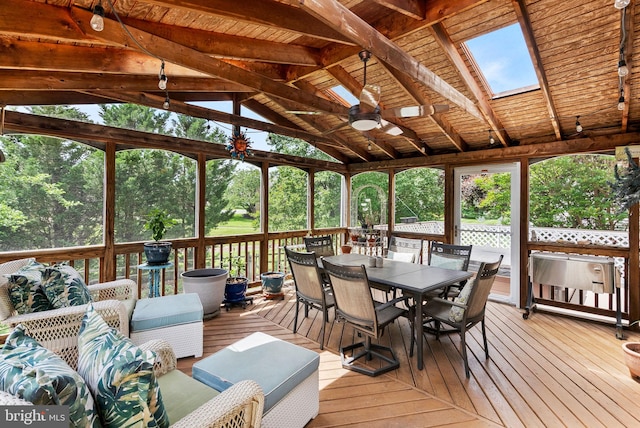 20783 Laplume Pl, Ashburn, VA 20147 - sunroom with outdoor dining space, ceiling fan, a skylight, and vaulted ceiling