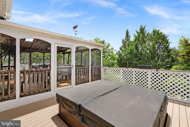 20783 Laplume Pl, Ashburn, VA 20147 - wooden terrace featuring a hot tub and a sunroom