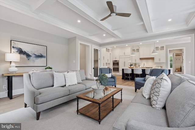 215 S Spring Mill Rd, Villanova, PA 19085 - living room with light wood finished floors, coffered ceiling, recessed lighting, beamed ceiling, and a ceiling fan
