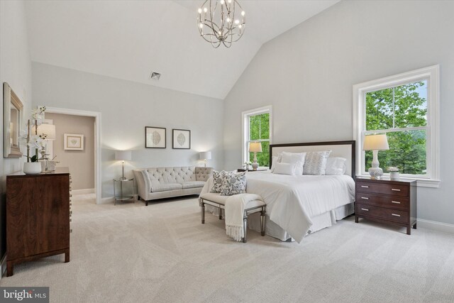 215 S Spring Mill Rd, Villanova, PA 19085 - bedroom with a chandelier, high vaulted ceiling, carpet, and baseboards