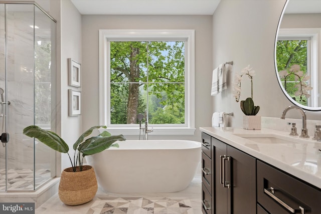 215 S Spring Mill Rd, Villanova, PA 19085 - full bathroom featuring healthy amount of natural light, vanity, a freestanding bath, and a stall shower