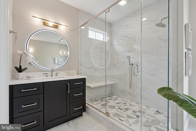 215 S Spring Mill Rd, Villanova, PA 19085 - bathroom featuring a marble finish shower, vanity, and marble finish flooring