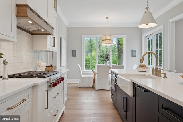 215 S Spring Mill Rd, Villanova, PA 19085 - kitchen with a sink, premium range hood, light countertops, white cabinets, and crown molding