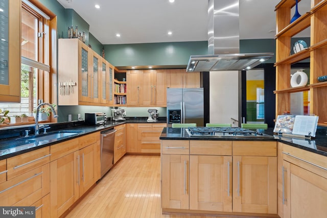 135 13th St NE, Washington, DC 20002 - kitchen with appliances with stainless steel finishes, island exhaust hood, open shelves, light brown cabinets, and a sink