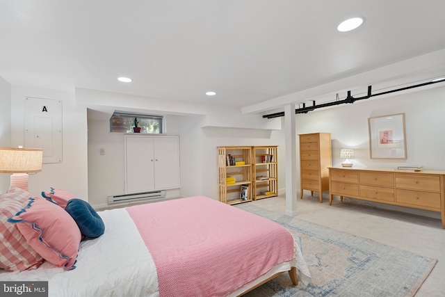 135 13th St NE, Washington, DC 20002 - bedroom with a baseboard radiator, a barn door, recessed lighting, and electric panel