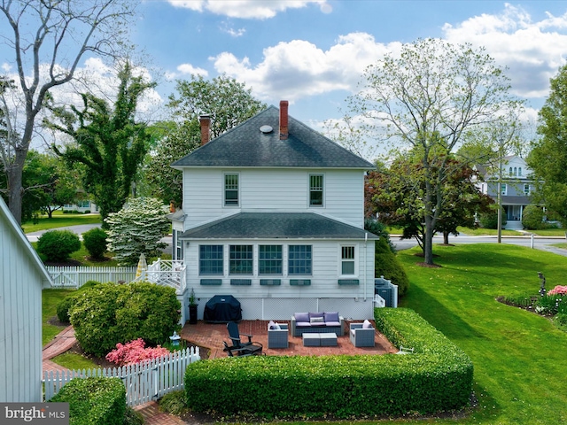417 S Main St, Berlin, MD 21811 - rear view of property featuring outdoor lounge area, roof with shingles, a chimney, a patio area, and central AC unit