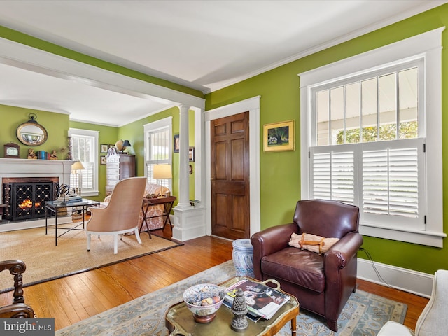 417 S Main St, Berlin, MD 21811 - living room featuring ornate columns, ornamental molding, wood finished floors, and a lit fireplace