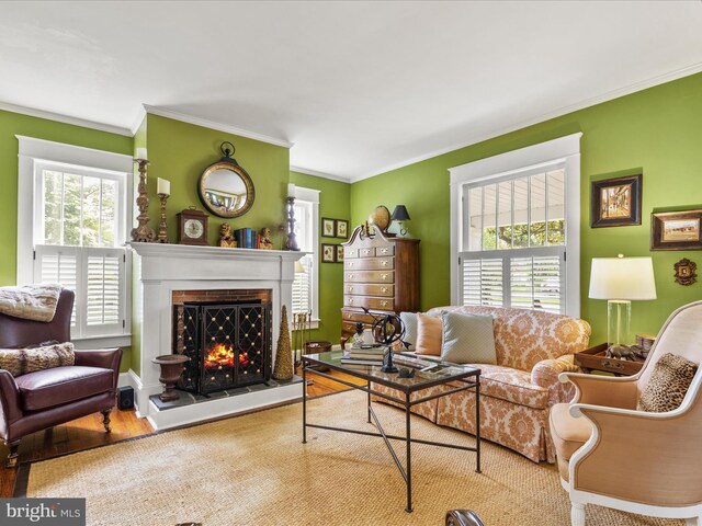 417 S Main St, Berlin, MD 21811 - living area featuring crown molding, a warm lit fireplace, and wood finished floors