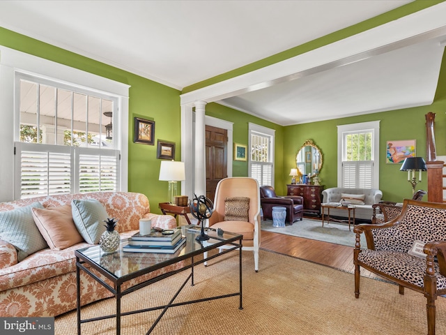 417 S Main St, Berlin, MD 21811 - living room with decorative columns, wood finished floors, and ornamental molding
