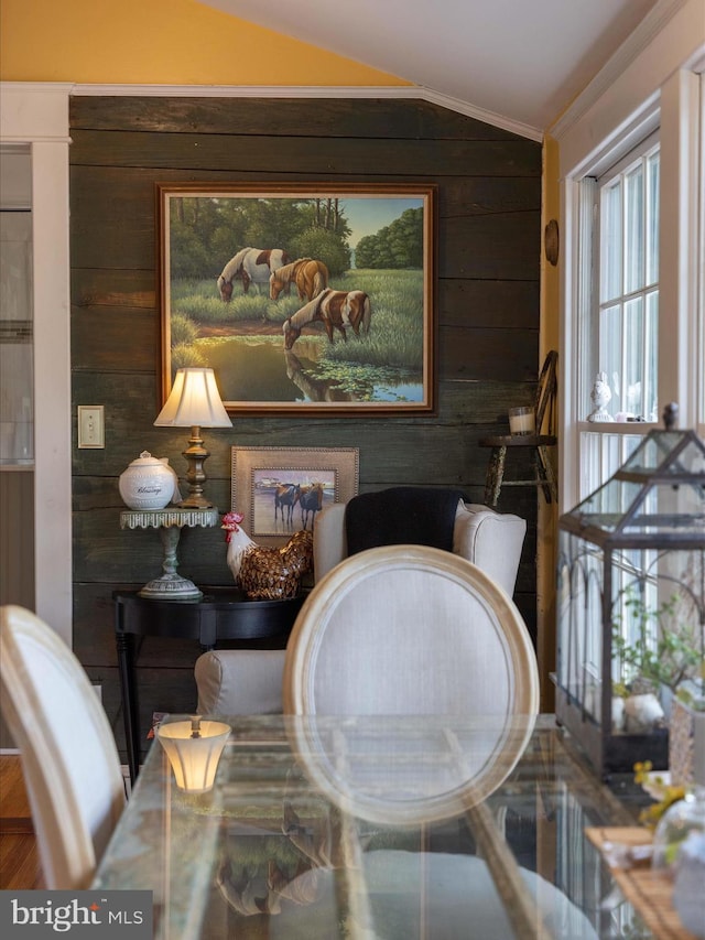 417 S Main St, Berlin, MD 21811 - living area with wood walls, vaulted ceiling, and crown molding