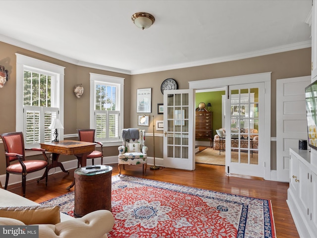 417 S Main St, Berlin, MD 21811 - living room featuring ornamental molding, wood finished floors, a desk, and french doors