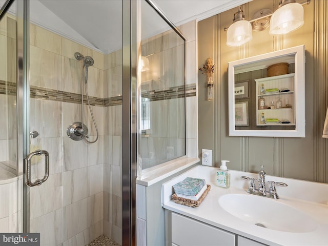417 S Main St, Berlin, MD 21811 - full bath with vanity, a shower stall, and vaulted ceiling
