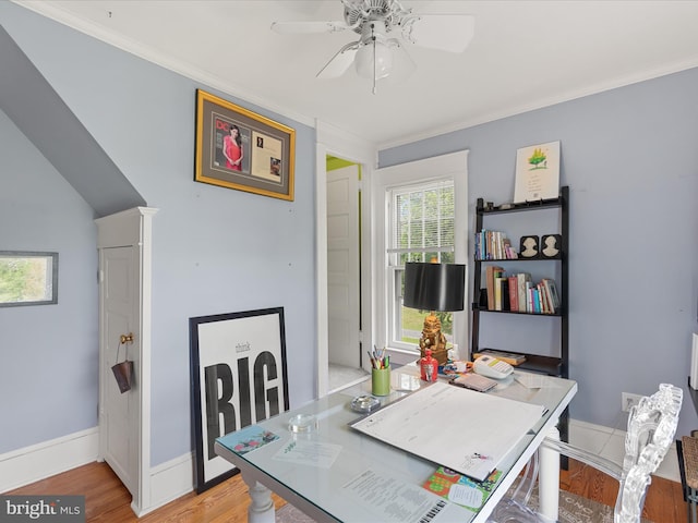 417 S Main St, Berlin, MD 21811 - office area featuring a ceiling fan, crown molding, light wood-style flooring, and baseboards