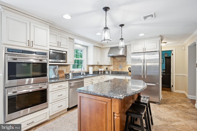 276 Cherry Ln, Doylestown, PA 18901 - kitchen featuring built in appliances, wall chimney range hood, a sink, crown molding, and tasteful backsplash