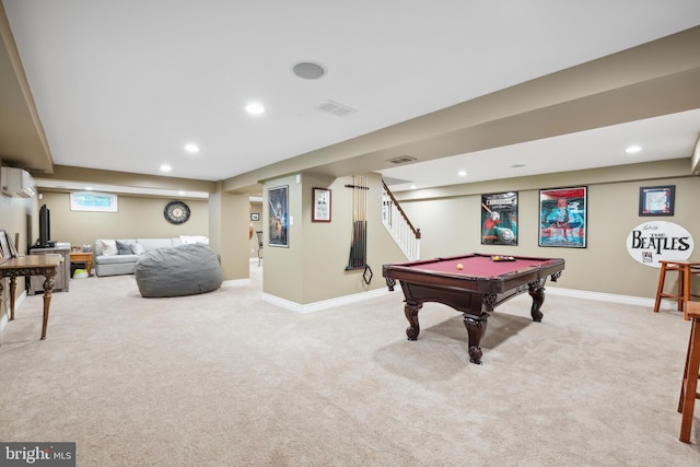 276 Cherry Ln, Doylestown, PA 18901 - recreation room featuring light colored carpet, an AC wall unit, billiards, recessed lighting, and baseboards