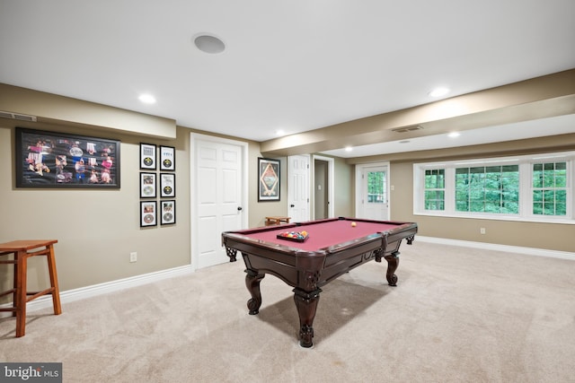 276 Cherry Ln, Doylestown, PA 18901 - recreation room with light colored carpet, baseboards, billiards, and recessed lighting
