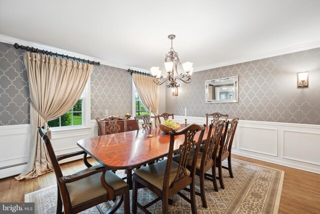 276 Cherry Ln, Doylestown, PA 18901 - dining space with a chandelier, wallpapered walls, wainscoting, crown molding, and wood finished floors