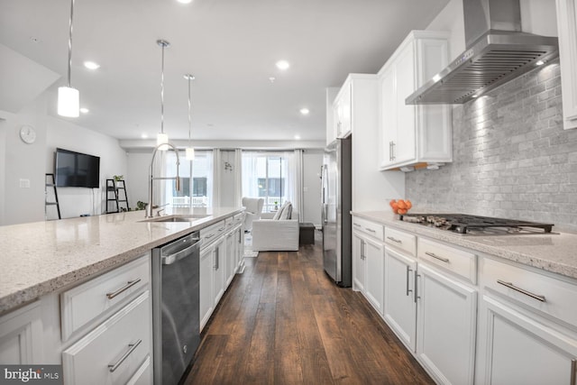 22287 Cornerstone Crossing Ter, Ashburn, VA 20148 - kitchen with wall chimney exhaust hood, a sink, stainless steel appliances, dark wood finished floors, and white cabinets