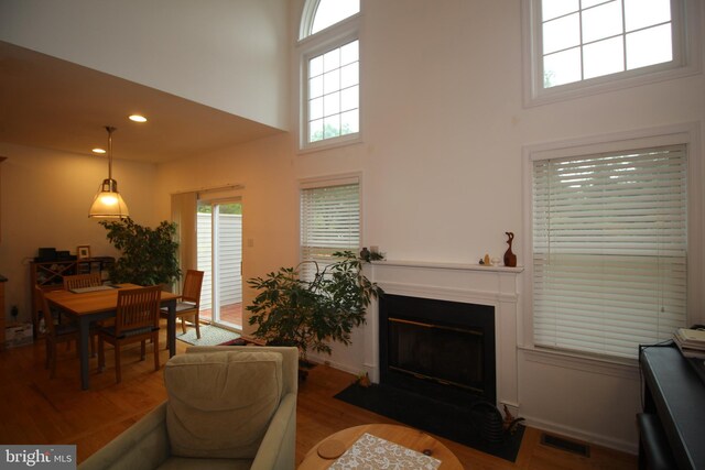 319 Fieldstone Dr, New Hope, PA 18938 - living room with a high ceiling, wood finished floors, a fireplace with flush hearth, and recessed lighting