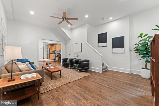 1205 G St NE, Washington, DC 20002 - living room featuring a ceiling fan, stairs, wood finished floors, baseboards, and recessed lighting