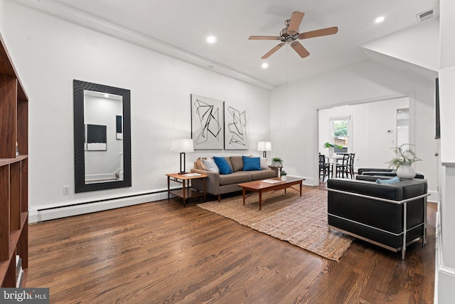 1205 G St NE, Washington, DC 20002 - living room with a baseboard radiator, wood finished floors, ceiling fan, recessed lighting, and vaulted ceiling