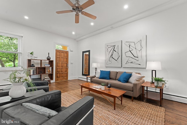 1205 G St NE, Washington, DC 20002 - living room with wood finished floors, plenty of natural light, a baseboard radiator, a ceiling fan, and recessed lighting