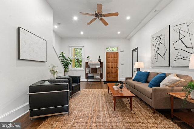 1205 G St NE, Washington, DC 20002 - living room featuring wood finished floors, a ceiling fan, baseboards, and recessed lighting