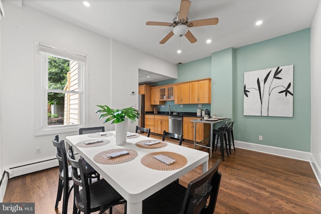 1205 G St NE, Washington, DC 20002 - dining space with dark wood finished floors, a ceiling fan, baseboards, recessed lighting, and a baseboard heating unit