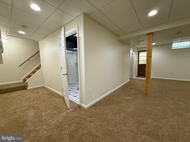 8 Steve Way, Baltimore, MD 21236 - below grade area featuring carpet flooring, stairs, a paneled ceiling, baseboards, and recessed lighting