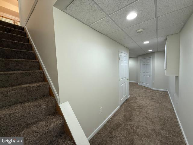 8 Steve Way, Baltimore, MD 21236 - hallway featuring carpet flooring, recessed lighting, baseboards, stairway, and a drop ceiling