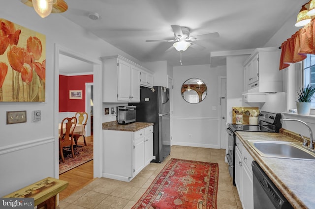 530 Gregg St, Shillington, PA 19607 - kitchen with stainless steel appliances, ceiling fan, a sink, white cabinetry, and light tile patterned floors