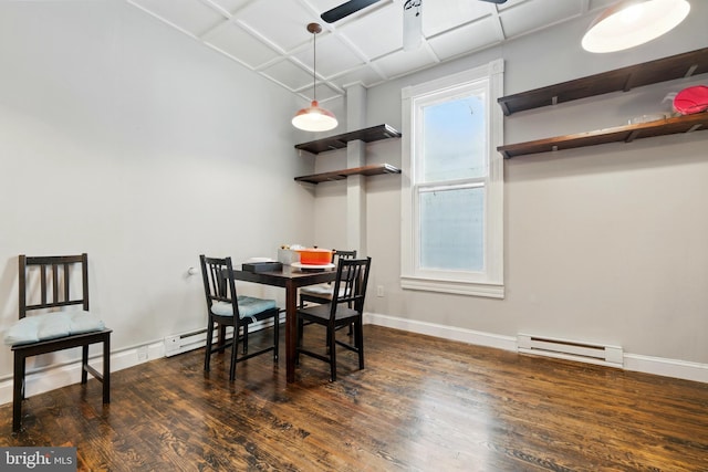 706 Locust St, Cambridge, MD 21613 - dining room featuring a baseboard radiator, a ceiling fan, wood finished floors, and baseboards