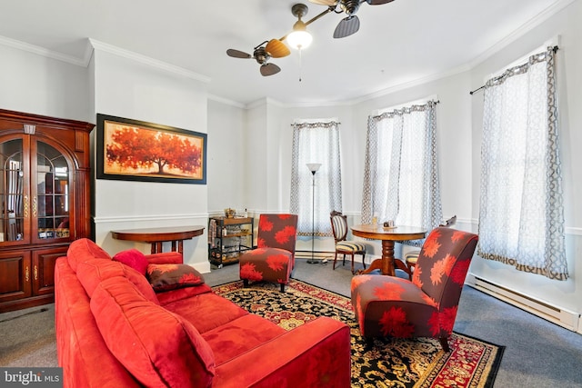 706 Locust St, Cambridge, MD 21613 - living room with carpet, a ceiling fan, ornamental molding, and a baseboard heating unit