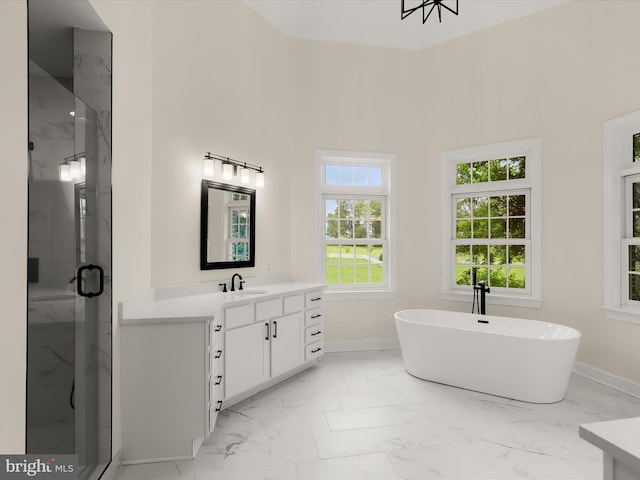 6419 Homebuilder Dr, Mount Airy, MD 21771 - bathroom with marble look tile flooring, vanity, a marble finish shower, and baseboards