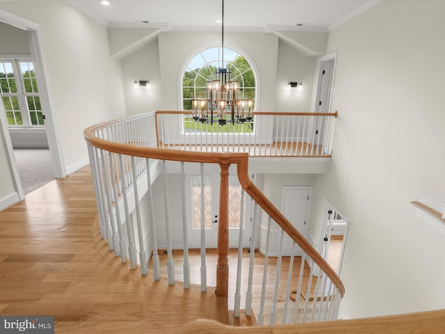 6419 Homebuilder Dr, Mount Airy, MD 21771 - stairs featuring a chandelier, wood finished floors, ornamental molding, baseboards, and recessed lighting