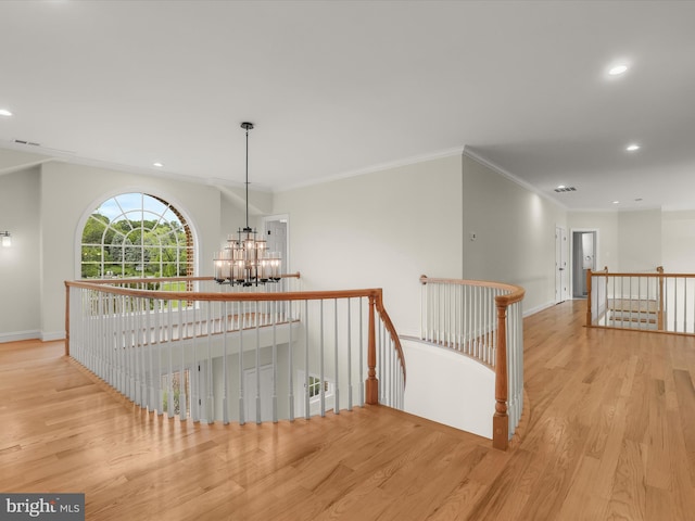 6419 Homebuilder Dr, Mount Airy, MD 21771 - hall with an upstairs landing, wood finished floors, a chandelier, recessed lighting, and baseboards