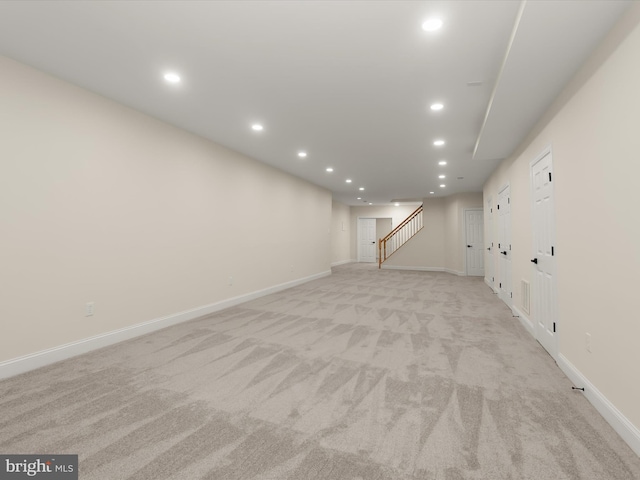 6419 Homebuilder Dr, Mount Airy, MD 21771 - basement featuring light carpet, recessed lighting, baseboards, and stairway
