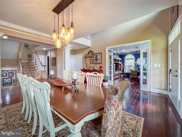 414 Saint James Ct, Langhorne, PA 19047 - dining space featuring hardwood / wood-style flooring, stairs, baseboards, ornamental molding, and decorative columns