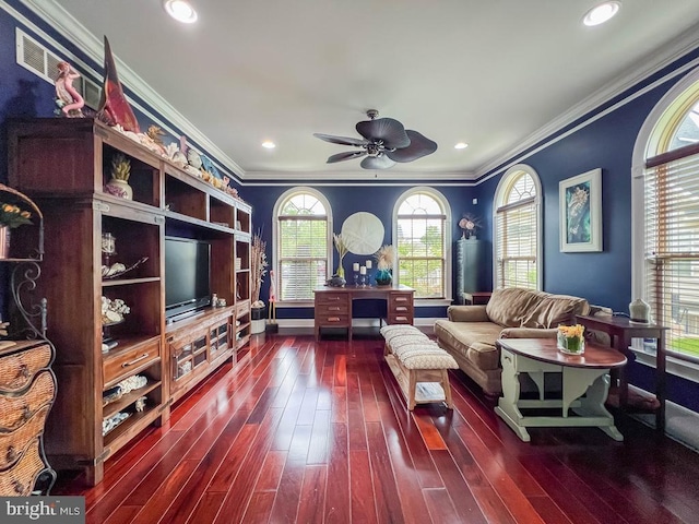 414 Saint James Ct, Langhorne, PA 19047 - living area with ornamental molding, dark wood-style flooring, a ceiling fan, baseboards, and recessed lighting